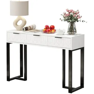 Flieks Beistelltisch Weiß Schublade Gold Gestell Verstellbare Füße Schwarze Griffe , Holz , 44.45x16.51x132.08 cm , Wohnzimmer, Wohnzimmertische, Konsolentische