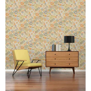 A.S. Création Retro-Tapete 70er Jahre 0,53 x 8,5 m - Tapete Vintage mit Blumenmuster in Orange, Grün, Weiß - Vliestapete Retro Chic - 395353
