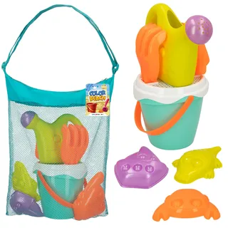ColorBaby - Strandspielzeug für Kinder, Sandspielzeug, Strandspielzeug, Sandwürfel, Ø 14 cm, Zeder, Schaufel, Rechen, Gießkanne, Boot, Sandformen, 18 Monate (49271)