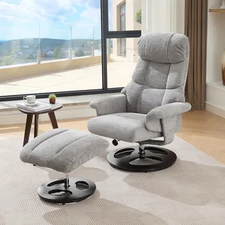 STILVORA Massagesessel Relaxsessel mit Wärmefunktion und Fünf-Punkt-Massage,Liegestuhl mit Liegefunktion und Hocker,360° drehbar aus Chenille,Grau - Grau