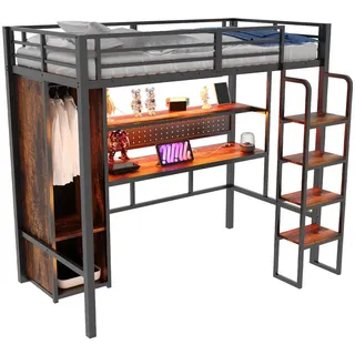 Stilvora Hochbett 90/200 cm in Schwarz mit Kleiderschrank, Schreibtisch, Regal und Led , Metall, Holzwerkstoff , 6 Fächer , 90x200 cm , Babymöbel & Kindermöbel, Kinderzimmer & Jugendzimmer, Kinderbetten, Hochbetten