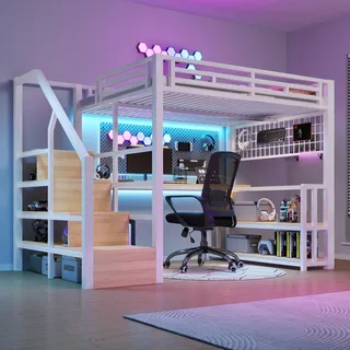 Flieks Etagenbett 140x200cm mit Schreibtisch und Ladefunktion, Hochbett mit Treppe und Hängegitter, Kinderbett Metallbett mit Led und Regal, Weiß - Weiß