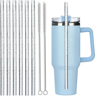 ALINK 6 Stück glänzende wiederverwendbare Plastikstrohhalme 31 cm lang - für 40 oz Stanley Adventure Travel Mug mit 2 Reinigungsbürsten (klare Farbe)
