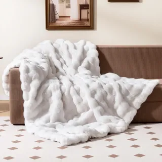 FANTASK warme Felldecke, Luxus Kunstpelz-Decke, Kuscheldecke für Damen, Sofadecke, Überwurfdecke Farbewahl, Couchdecke für Bett, Sofa, Sessel (Weiß, 178 x 203 cm)