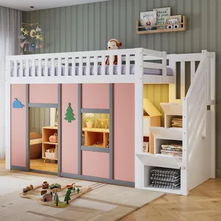STILVORA Kinder Hochbett 90x200cm mit Matratze Bettgestell mit Stauraumtreppe und LED-Beleuchtung, Halbhochbett mit Spielbereich und Rausfallschutz, Kinderbett mit Deko-Motiven