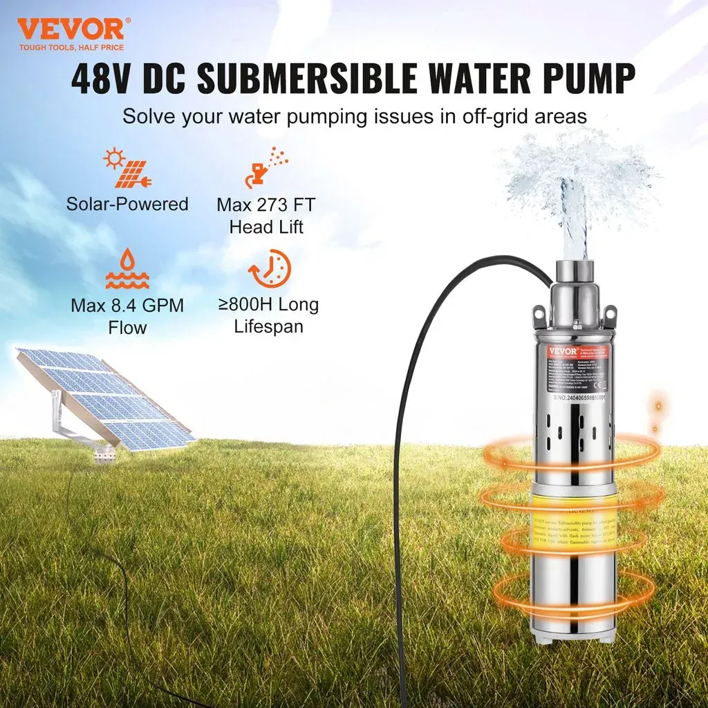 Bild von Solar-Wasserpumpe, 48V DC, 369W, Tiefbrunnenpumpe, max. Durchfluss 8,4GPM, max. Förderhöhe 83,29m, solarbetriebene Wasserpumpe für Brunnen, Bewässerung von Bauernhöfen, Tränken von Nutztieren