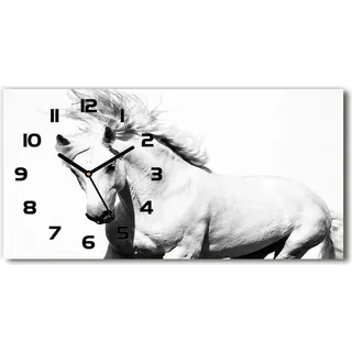 Wanduhr aus Glas – 60x30 cm - Glasbild - Glasuhr - Gehärtetes Glas - schwarze-zeiger - weißes Pferd