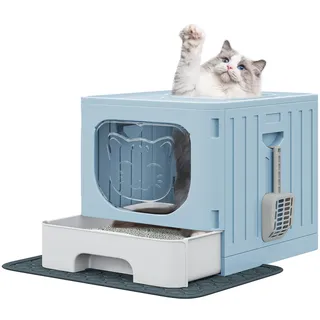 YITAHOME Klappbare Katzen-Toilette mit Deckel, Katzentoilette mit Streumatte & Schaufel, Obenausstieg & Herausziehbarer Wanne für Große Katzen, Geruchskontrollierend, Anti-Verschütten (Blau)