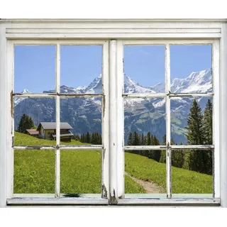 Queence »Hütte in den Bergen« Wandsticker, Wandbild, selbstklebend, 3D, Fenster,