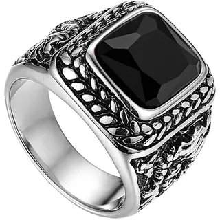 Flongo Herrenring Männer Ringe Daumenring Bandring Siegelring mit Glas Edelstein Silber Schwarz Drache Schnitzerei Klassiker Charm Herren-Accessoires Größe 70