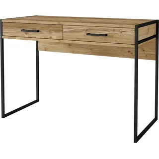 Furniture24 Moderner Schreibtisch 120 cm KAMMY mit 2 Schubladen Schwarze Metallebeine und Griffe Appenzeller Fichte