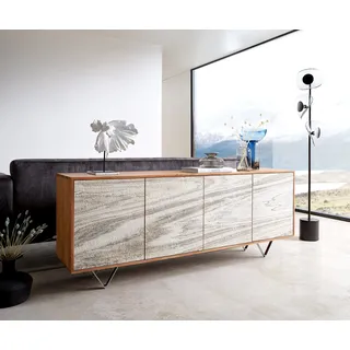 DELIFE Sideboard Kleo 175 cm Akazie Natur 4 Türen V-Fuß Edelstahl - Hellbraun