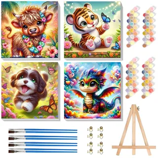 Pujeknm 4 Stück Tiere Malen Nach Zahlen mit Rahmen, Kuh Hund Drache Tiger Malen Nach Zahlen Acrylfarben mit als Geschenk, Mittel 20x20 cm (Süßes Tiere)