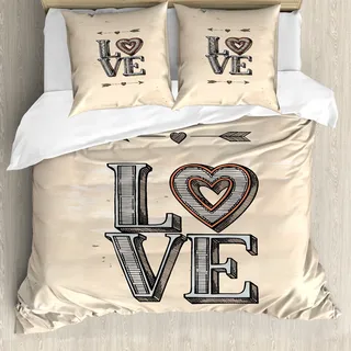 ABAKUHAUS Liebe Bettbezug, Grunge Vintage-Boho Arrows, Milbensicher Allergiker geeignet mit Kissenbezügen, 155 cm x 220 cm - 80 x 80 cm, Beige Grau Orange - Beige