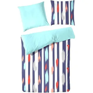 Hahn Baumwoll-Seersucker Wende-Bettwäsche Gestreift Rosa Türkis, 135 x 200 cm + 80 x 80 cm Türkis - Türkis