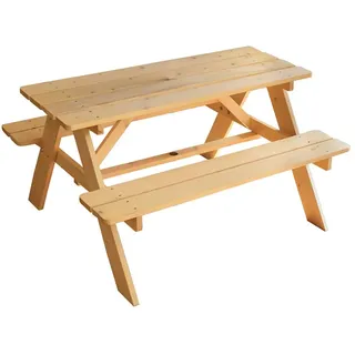 Fun House Picknicktisch aus Holz aus natürlichem Kiefernholz für Kinder | H 53 x B 95 x T 75 cm | integrierter Sonnenschirm-Stellplatz | Gartenmöbel für den Außenbereich | einfache Montage |