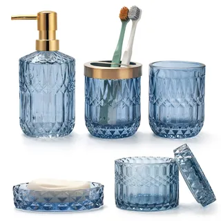 IVAILEX 5 Stück Blau Glas Badezimmer Zubehör Sets von Lotionspender, Seifenschale, Zahnbürstenhalter, Becher, Wattestäbchen, Moderne Badedekoration, Vintage Geschenk