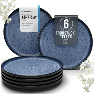 Steingut Frühstücksteller 6 Personen Ibiza TESTSIEGER, Traumhaftes Mediterranes Steingut Dessertteller Set, Kleine Teller, Salatteller - Pure Living in Tiefblau