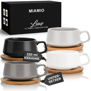 MIAMIO - 4 x 320 ml Kaffeetassen/Cappuccino Tassen mit Unterteller/elegant/modern/Kaffeebecher aus Steingut - Luxe Kollektion 4er Set (Klassisches Pastell)