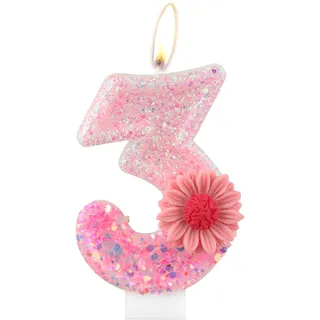 Rosa Gänseblümchen Geburtstagskerzen, rosa Geburtstag Nummer 3 Kerzen für Geburtstagskuchen, rosa Blume, 3rd Geburtstagskerze, Glitzer-Blumenkerze für Mädchen, 3rd Geburtstag Party-Dekorationen