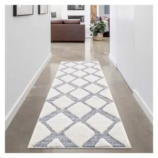 Carpet City Teppich-Läufer Hochflor Flur - 80x300 cm - Scandi, Landhaus-Stil Creme Grau - Cut-Loop, Hochtief, 3D-Effekt - Shaggy Teppiche Flauschig-Weich Schlafzimmer Langflor Bettvorleger