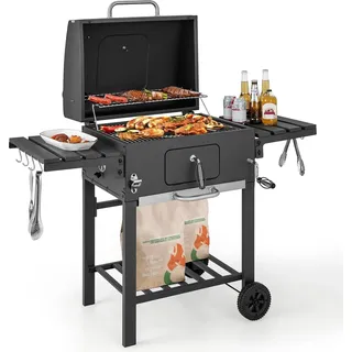 COSTWAY Holzkohlegrill Gartengrill XXL, Grillwagen mit Deckel, 2 klappbaren Tischen, 2 Rädern, Thermometer, 8 Haken & Ablage, BBQ Grill Metall Schwarz