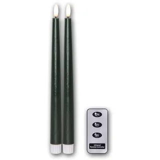 Star Trading 061-87 LED-Kerze "Flamme Slim", 2er Set natürliche Flamme, grün, Kunststoff/Wachs, je ca. 2,1x28,5 cm, Fernbedienung, inkl. Batterie, Timer, Vierfarb-Karton