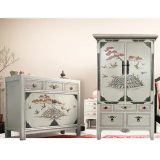 Chinesische Möbel Kombination Set 2-teilig Asia Vintage Sideboard Kommode Schrank Hochzeitsschrank Anrichte orientalisch asiatisch komplett montiert - Hellgrau