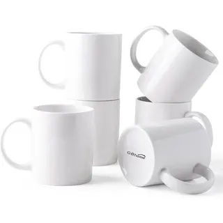 Keramische Kaffeebecher 350 ml, weiß, großes Handgriff, Damen- und Herrenkaffee, lichtgewichtes Kaffeeset (6 Stück) für Latte, Cappuccino, Cacao und Milch. - Weiß