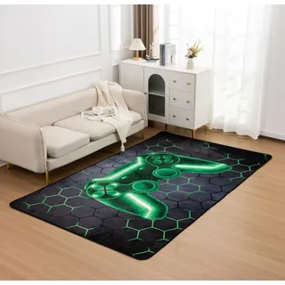 Gaming Teppiche, 3D Vision Geometrie Neon Spiele Bereich Teppich für Jungen Teenager, Gamer Teppich für Kinderzimmer, Rutschfest Teppich Geeignet Für Schlafzimmer E-Sport Zimmer, 160x230 cm, Grün