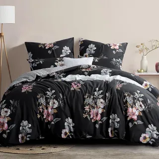 RUIKASI Bettwäsche 200x220 3 teilig Schwarz - Bettbezug 200 x 220 Set mit Blumen Muster, Bettwäsche-Sets 200x220cm aus Mikrofaser mit Reißverschluss Weich und Bügelfrei