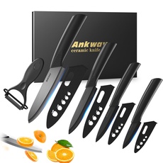 Ankway Keramikmesser Set mit Schutzhülle 5-teilig, 2023 Messer mit Sparschäler Küchenmesser Messerset Knife Schneidemesser Kochmesser Scharf Kuchenmesser für Fleisch Obst Gemüse, Schwarz