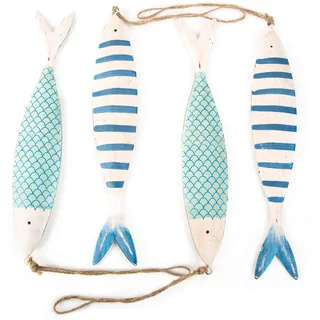 Maritime Fische zum Aufhängen, 4 Stück: Maritim-Hängedeko aus Metall, Meeres-Dekoration Badezimmer & Wohnzimmer, Meer, Strand, Sommer, Bad Deko, Maritimdeko Innen & Geschenke, Baddeko Wand, 25 x 4 cm