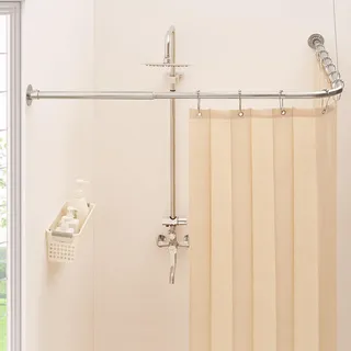 Mirooyu Duschvorhangstange L form [60-132 cm] x [60-132 cm] Robuste Eckduschstange 90° Grad Duschstange verstellbar für Badewanne, Dusche & Außenbereich mit 12 Haken & Deckenstütze