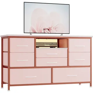 Baloveby Kommode mit 8 Schubladen, TV-Schrank mit LED-Licht, Ladestation, Kommode für Schlafzimmer, Wohnzimmer, Flur mit Metallstruktur, Tischplatte aus Holz (Rosa)