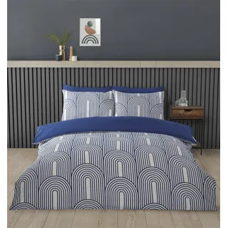 Rapport home Bettwäsche-Set für Doppelbett – Premium Polycotton 3-teilige Bettwäsche mit blauen und weißen Bögen, geometrisches Design, minimalistischer bügelfreier Stoff und Druckknopfverschluss