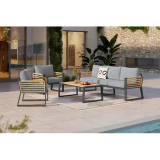 Ambia Garden Loungegarnitur , Schwarz, Teakfarben , Textil , 4-teilig , Teakholz , Füllung: Komfortschaum,Komfortschaum , einzeln stellbar , 207x76x85 cm , ISO 9001, Bsci, FSC 100% , Gartenmöbel, Loungemöbel, Loungegarnituren