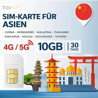 Asien SIM Karte travSIM | 30 Tage - 10GB | SIM-Karte Asien, Nutzung in Macau, China, Hongkong, Malaysia, Thailand, Singapur & mehr | Zugang zu Google, Facebook, Whatsapp & mehr | Keine Roamingkosten