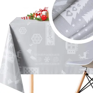 KP HOME Graue PVC-Tischdecke, abwischbar, fröhlicher skandinavischer Weihnachtsdruck, rechteckig, 200 x 140 cm, 6-Sitzer, 78 x 55 Zoll, wasserdichte und abwischbare Kunststoff-Tischdecke,