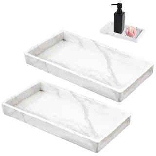 2 Stück Badezimmer Tablett Silikon Marmor Badezimmertablett 20*10 cm | Schminktisch Schmuck Marmorplatte Dekotablett Weiß Deko Tablett Länglich Ablageschale Küchenspüle für Schmuck, Seife, Kerzen