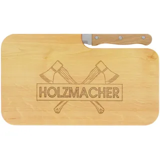 LASERHELD | Brotzeitbrett Holz mit Gravur “Holzmacher” & Messer | 26 x 15 cm | Frühstücksbrettchen Holz Schneidebrett Jausenbrett | Geschenk für Holzmacher Holzfäller als Vatertagsgeschenk...