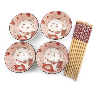 Lachineuse - Set mit 4 Schalen Maneki Neko – Reisschale, Frühstück & Suppe – japanisches Geschirr aus Porzellan – mit Essstäbchen – Glückskatze – japanisches Kawaii Japan – Weiß & Rot
