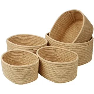 Mozvvco 5er Set Baumwollseil Aufbewahrungskorb,Körbchen Wickeltisch Organizer Korb Aufbewahrung,Storage Basket für Bad Badezimmer Kinderzimmer Wickeltisch(Jute)