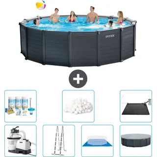 Intex runder Pool mit graphitgrauem Paneel – 478 x 124 cm – inklusive Pumpe – Leiter – Bodenplane – Abdeckung Wartungspaket - Filterbälle - Solarmatte