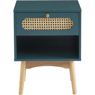 BAÏTA Nachttisch Sixtin Entenblau und Rattangeflecht, Blau