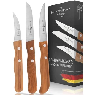 SCHWERTKRONE® Schälmesser 3er Set Premium [MADE IN SOLINGEN - GERMANY] - Gemüsemesser Obstmesser - Küchenmesser klein scharf - Schneidemesser Kartoffelschälmesser - Allzweckmesser (3xOliven-Holzgriff)