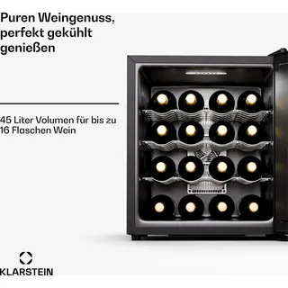 Klarstein Freistehender Weinkühlschrank, 1 Zonen Getränkekühlschrank Klein, Kleiner Weinschrank, Wein-Kühlschrank mit Glastür, Leiser Flaschenkühlschrank für Wein & Bier, 5-22°C, 16 Flaschen - Schwarz