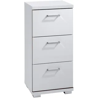 byLIVING Seitenschrank NEBRASKA / Korpus matt weiß / 3 Schubkästen Hochglanz weiß lackiert / kleiner Badschrank mit 3 Schubladen und silberfarbenen Griffen / B 35,5, H 74, T 31,5 cm