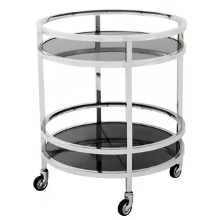 Casa Padrino Luxus Bar Trolley Servierwagen Rund Edelstahl vernickelt / schwarzes Glas - 60 x 69 cm - Silber, Schwarz