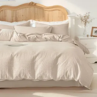Nayoroom Seersucker Bettwäsche 135x200 Beige Gestreift Muster Musselin Aesthetic Bettwäsche Set 2teilig Modern Renforce Microfaser Welligkeit Bettbezug und Kissenbezug 80x80 cm mit Reißverschluss